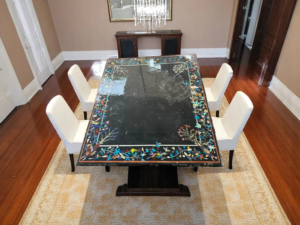 Elegant Square Black Marble Table – Precious Stone Inlaid